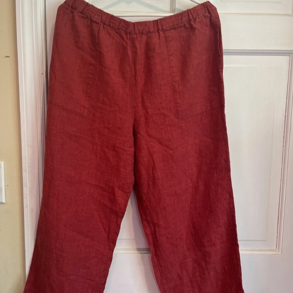 Vintage Chicos Design Linen Pants Size 3 Dark Red Pull-On Wide Leg Elastic Waist